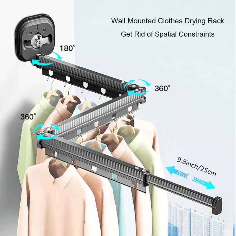 Retractable Clothes Drying Rack Wall Mounted Collapsible Laundry Hanger Rack Three Fold Gray