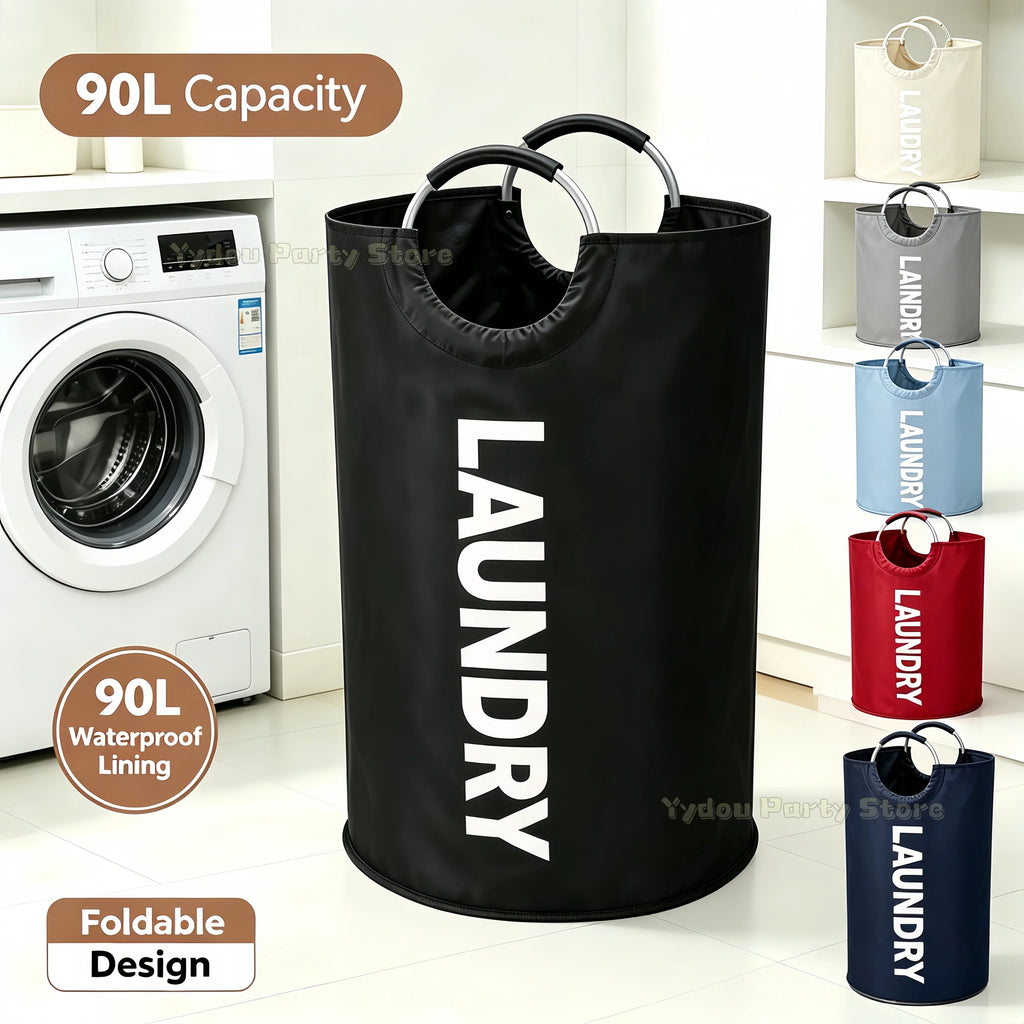 Laundry Basket 90L Foldable Waterproof Oxford Hamper with Padded Handles - Beige