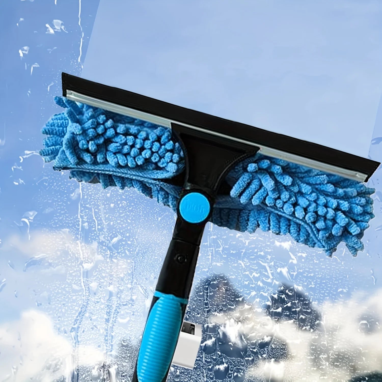 Window Cleaning Kit 2 in 1 Squeegee Microfiber Cleaner with 430cm Extension Pole Blue