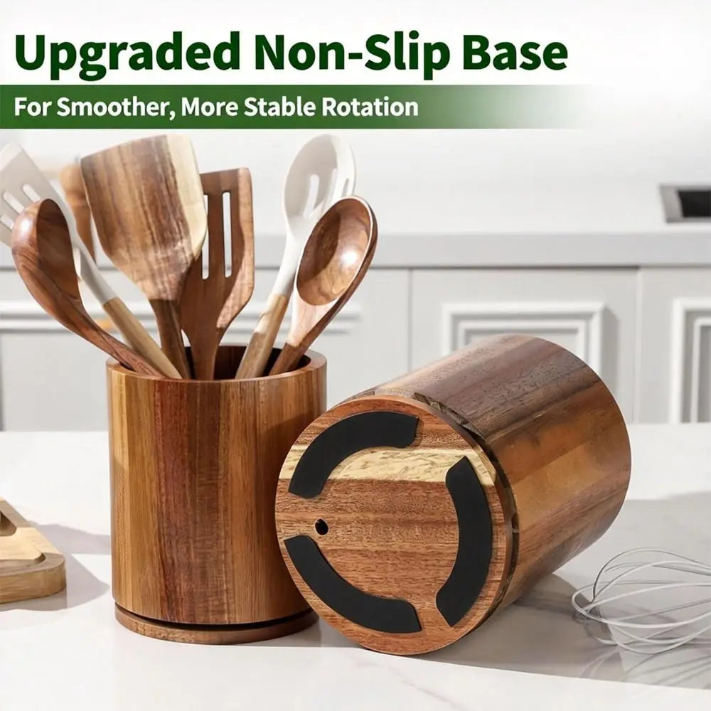 Utensil Holder 360° Rotating Wooden Kitchen Storage Rack Countertop Organiser - Black