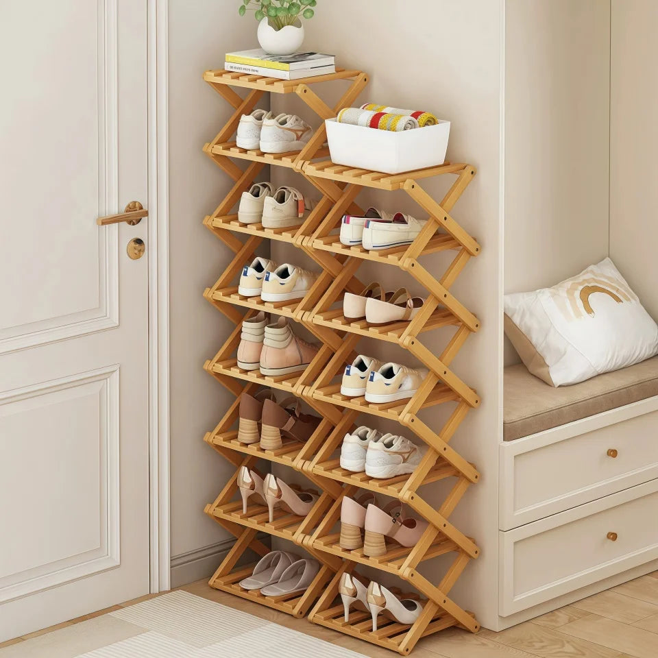 Shoe Rack 9 Tier Foldable Bamboo Storage Organiser for Entryway and Bedroom