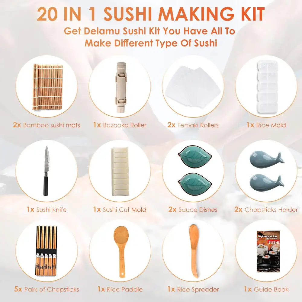 20-in-1 Sushi Making Kit with Bamboo Mats, Roller, Rice Mold and Complete Accessories