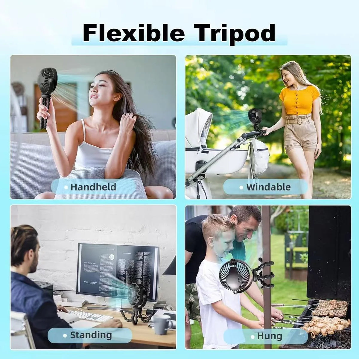 Rechargeable Tripod Fan 5000mAh Portable 3 Speed Desk Fan USB-C Cordless - Grey