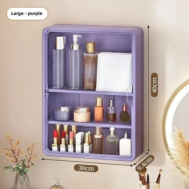 Multi Layer Wall Mounted Bathroom Organizer Cabinet No Drill Cosmetic Storage Display Shelf with Removable Shelves – Purple