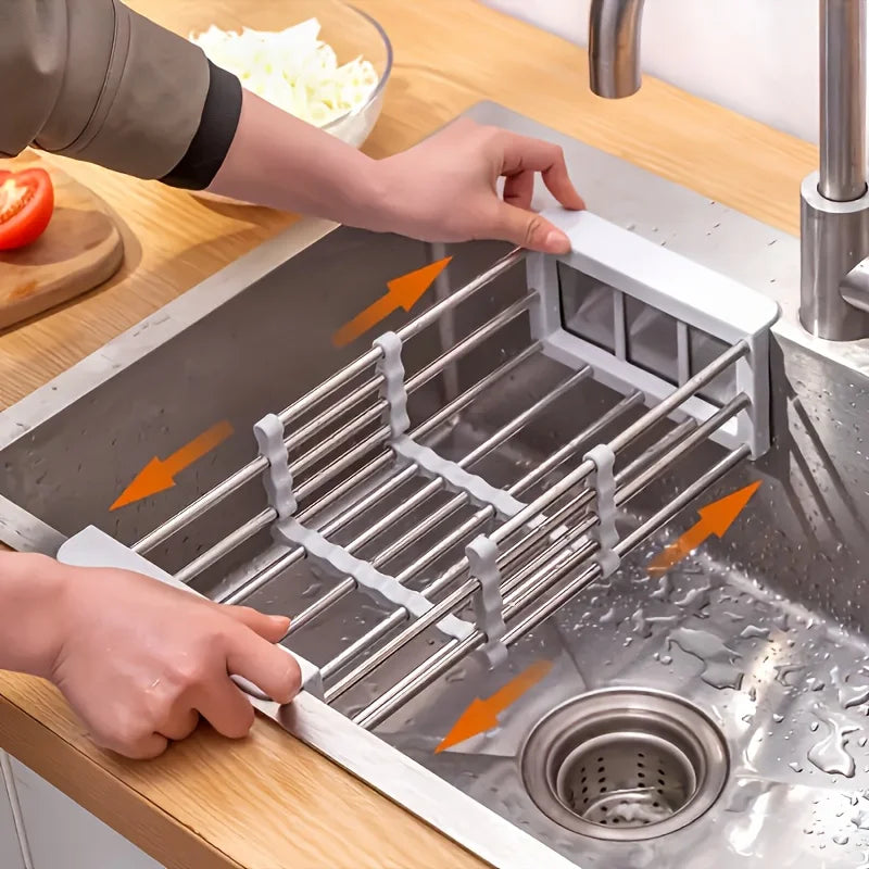2025 Stainless Steel Extendable Sink Drying Rack – Adjustable Kitchen Drain Basket for Dish/Fruit Organizing Storage Tool - Small