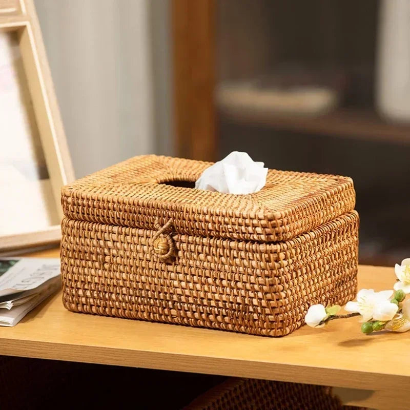 Tissue Box Handmade Rattan Woven Cover Holder for Bathroom Home Office - Small