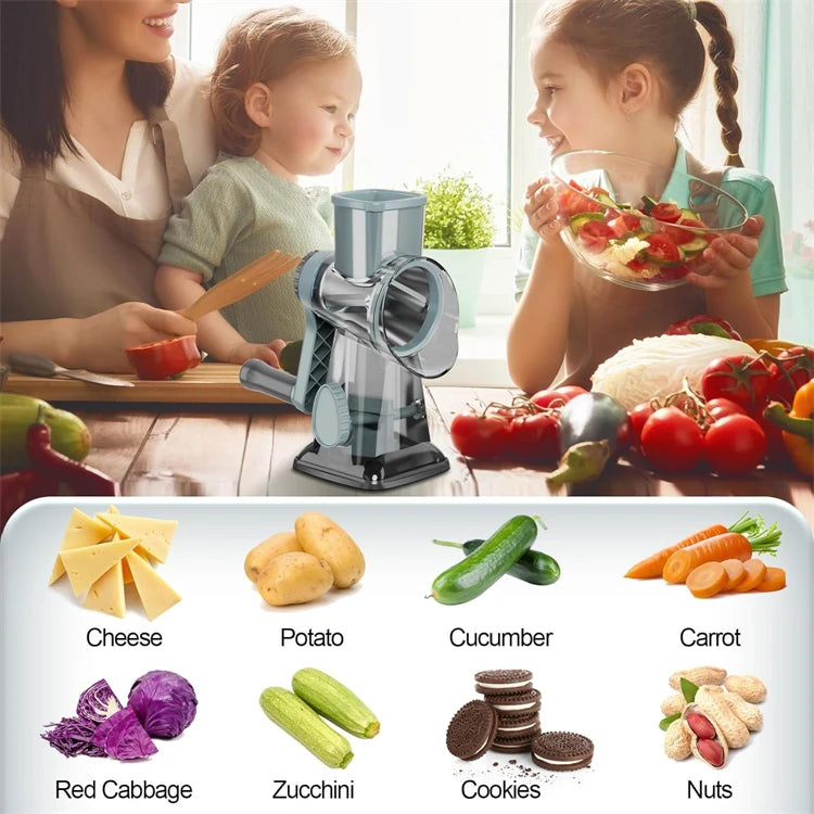 3-in-1 Rotary Cheese Grater with Manual Handle and Interchangeable Drums – Blue
