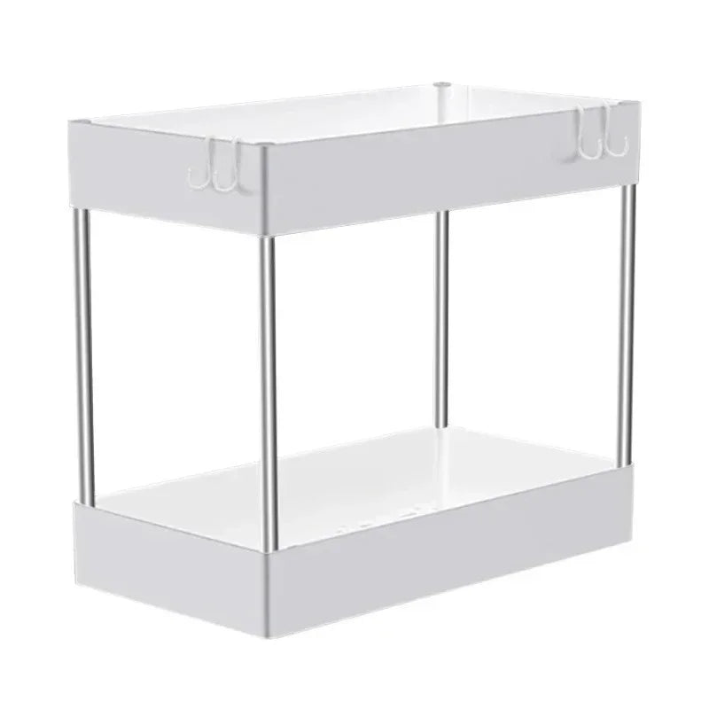 2 Tier Under Sink Storage Organizer with Sliding Drawer and Side Hooks Cabinet Shelf Rack – White