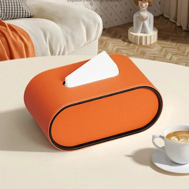 Luxury Leather Tissue Box Holder Modern Oval Napkin Storage – White