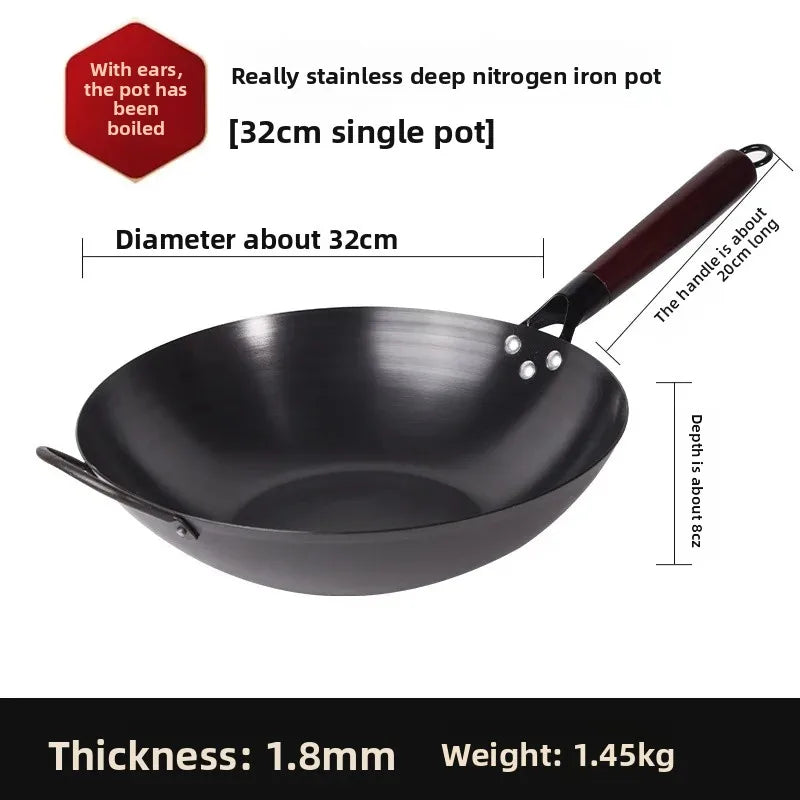 Iron Wok Pan 32cm Flat Bottom Stir Fry Cooking Pan Induction Compatible