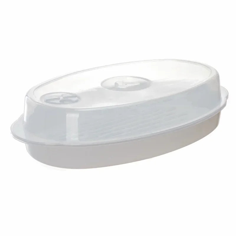 Microwave Steamer Plate with Lid Large Fish Steaming Tray Food Steamer – White