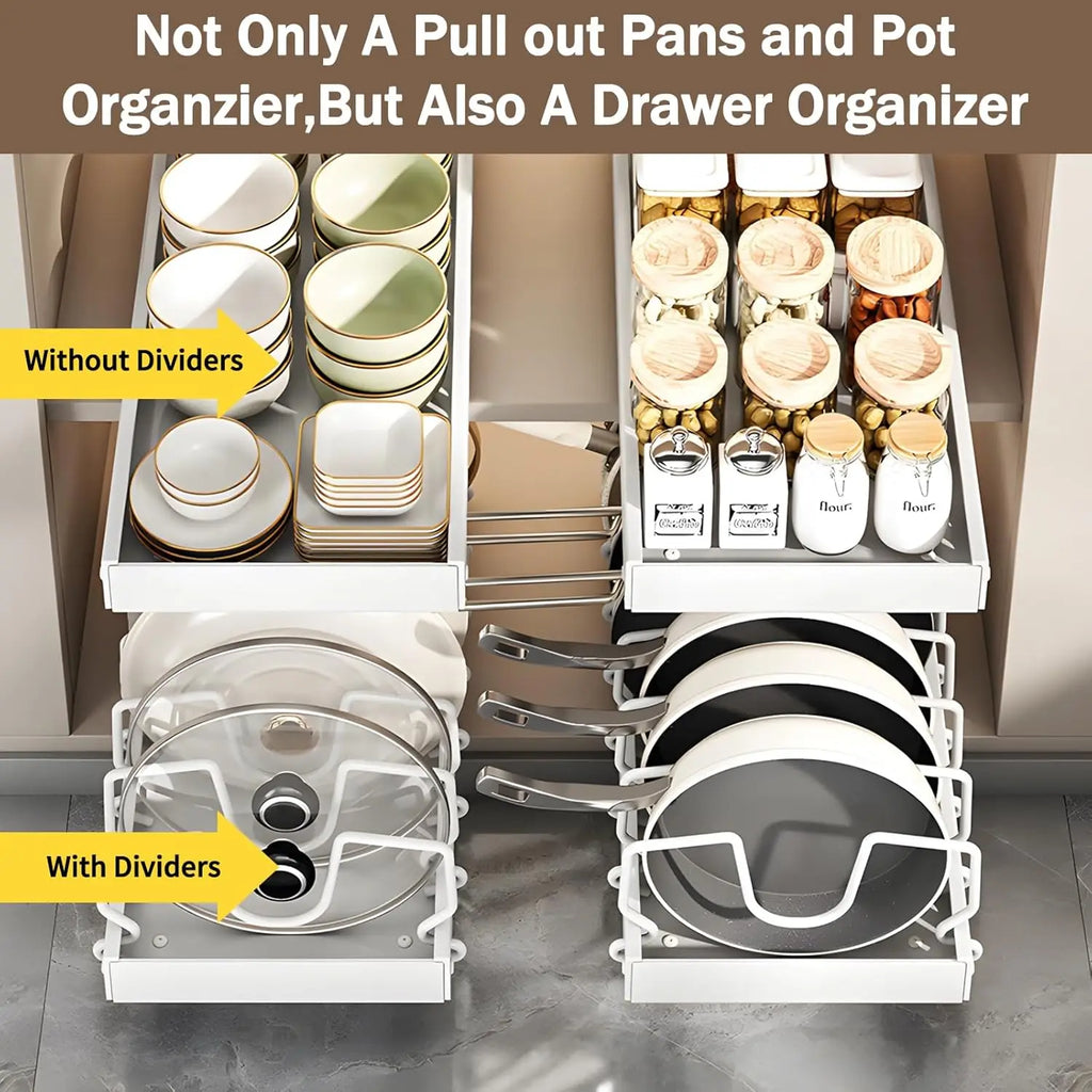 Pull Out Pots and Pans Organizer with Adjustable Dividers Stainless Steel Under Cabinet Storage - White