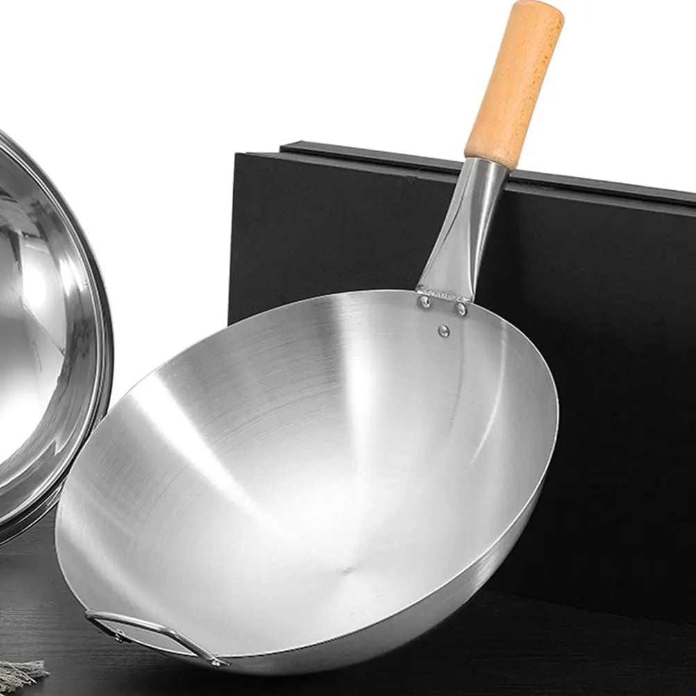 Wok 32cm Stainless Steel Round Bottom Chef Cooking Pan Beech Handle – Silver