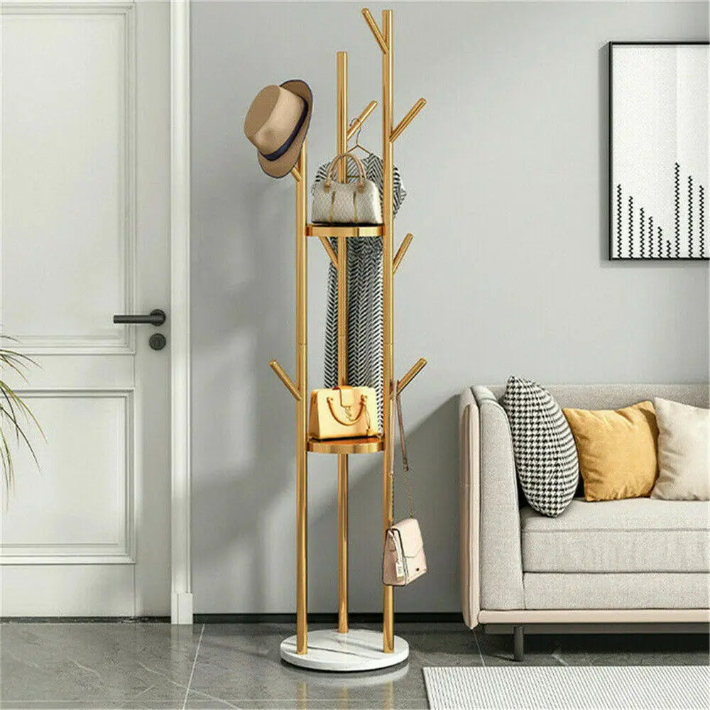 Coat Rack Stand with Shelves and 9 Hooks Freestanding Hall Tree - Gold