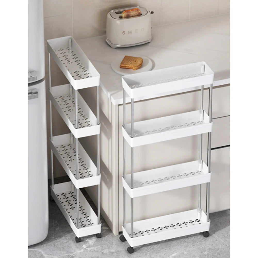 4 Tier Slim Rolling Storage Cart Movable Gap Organizer Shelf Rack for Kitchen Bathroom and Living Room – White
