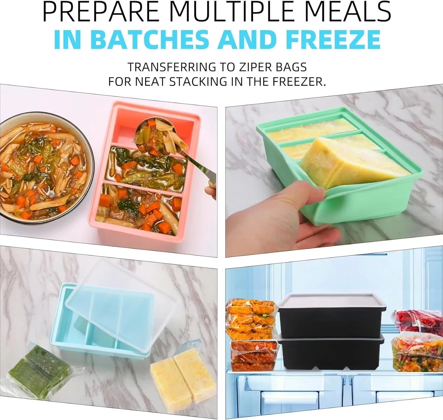 Food Freezer Tray 4 Grid Silicone Storage Container with Lid Reusable Meal Portion Organiser - Pink