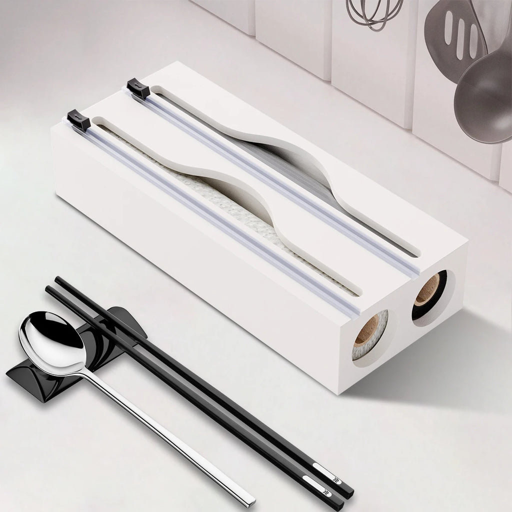 Kitchen Bag Organiser 2 Layer Bamboo Cling Film Foil Storage Dispenser with Cutter - White