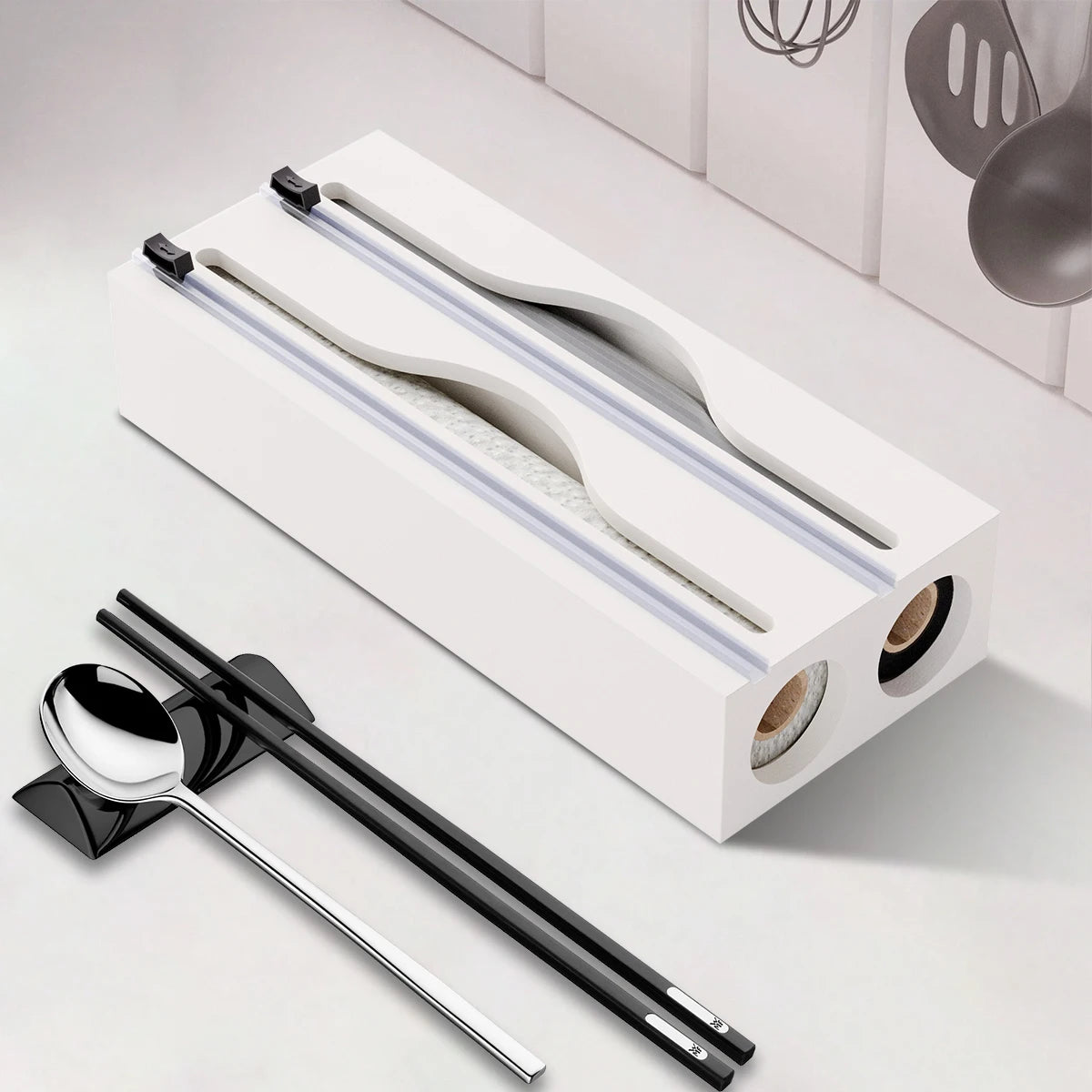 Kitchen Bag Organiser 2 Layer Bamboo Cling Film Foil Storage Dispenser with Cutter - Black