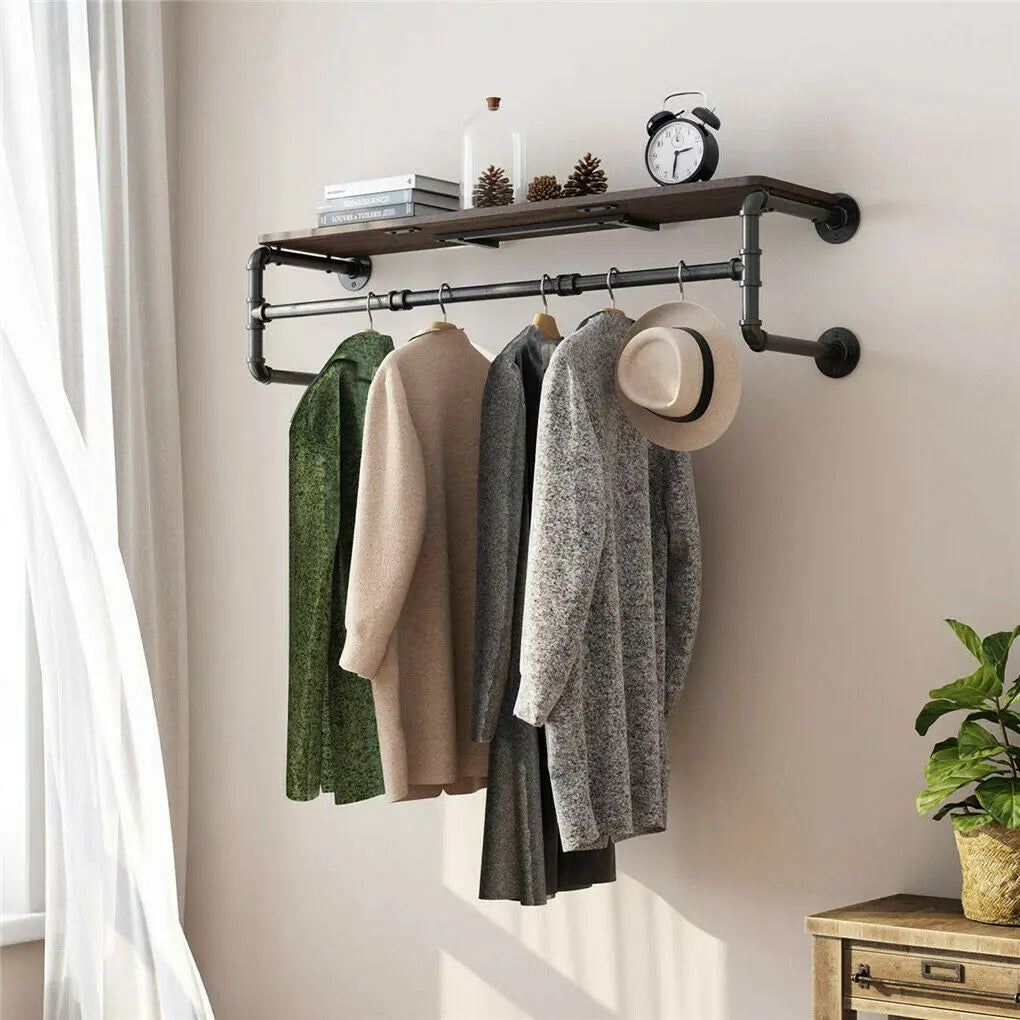 Garment Rack Wall Mounted Industrial Pipe Shelving Floating Clothing Display – Brown