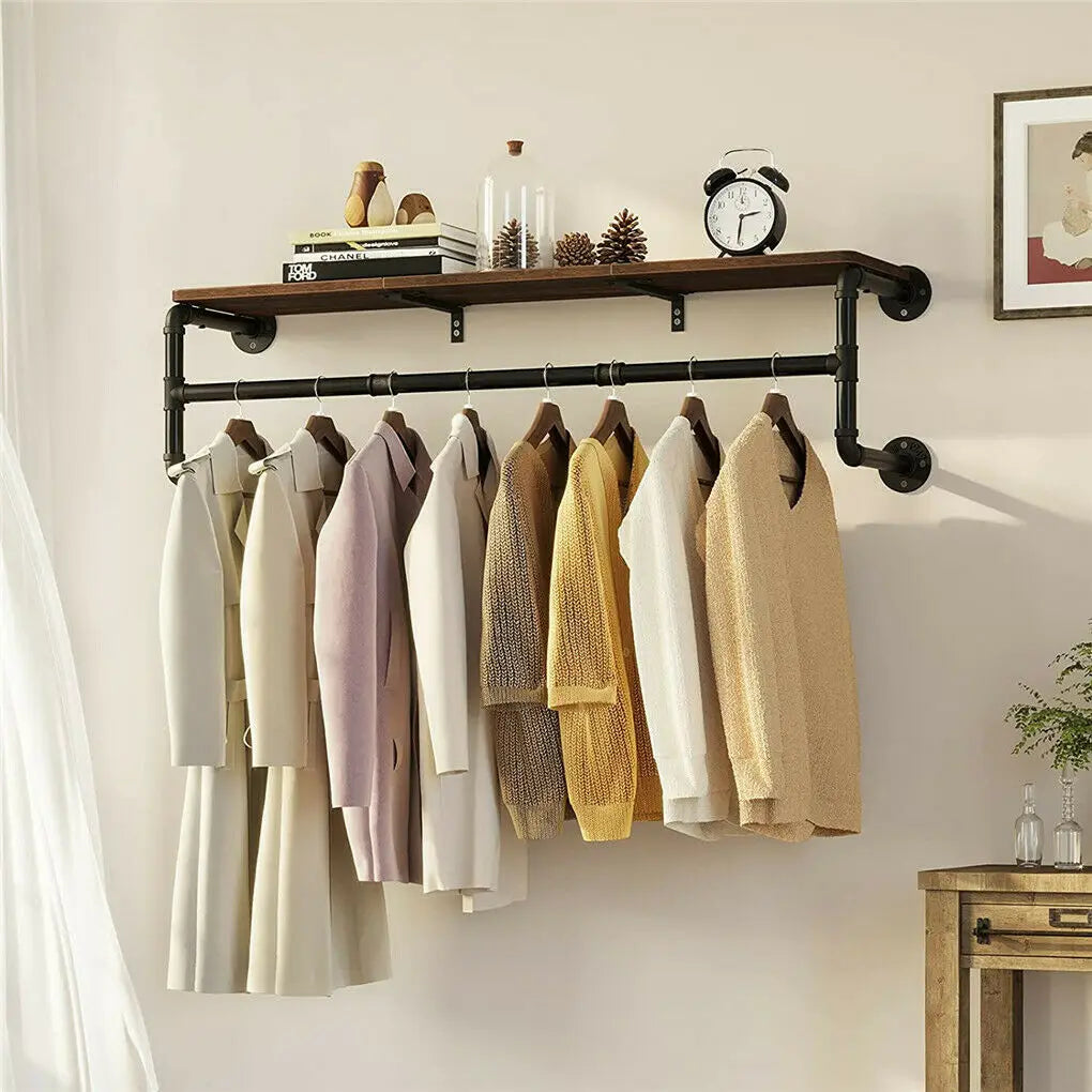 Garment Rack Wall Mounted Industrial Pipe Shelving Floating Clothing Display – Brown