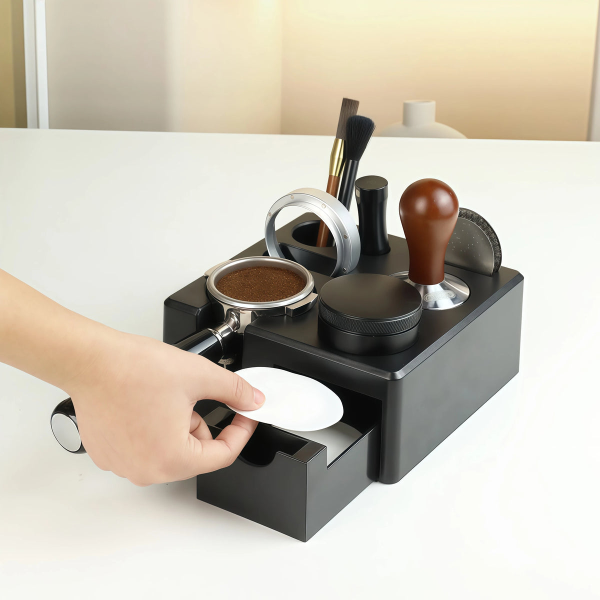 Coffee Powder Holder Countertop Storage Base with 3 Compartments - Black