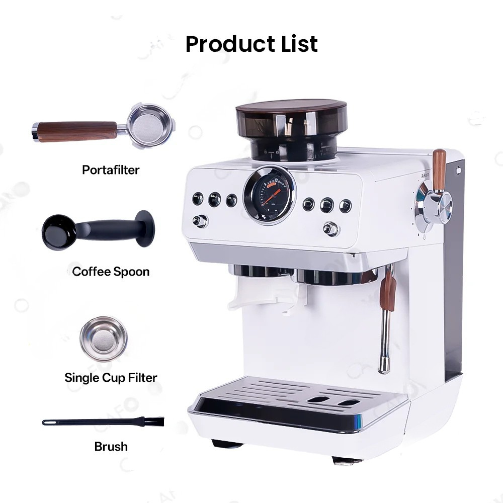 Coffee Machine 2950W 3-in-1 Semi Automatic Espresso Maker with Burr Grinder – White