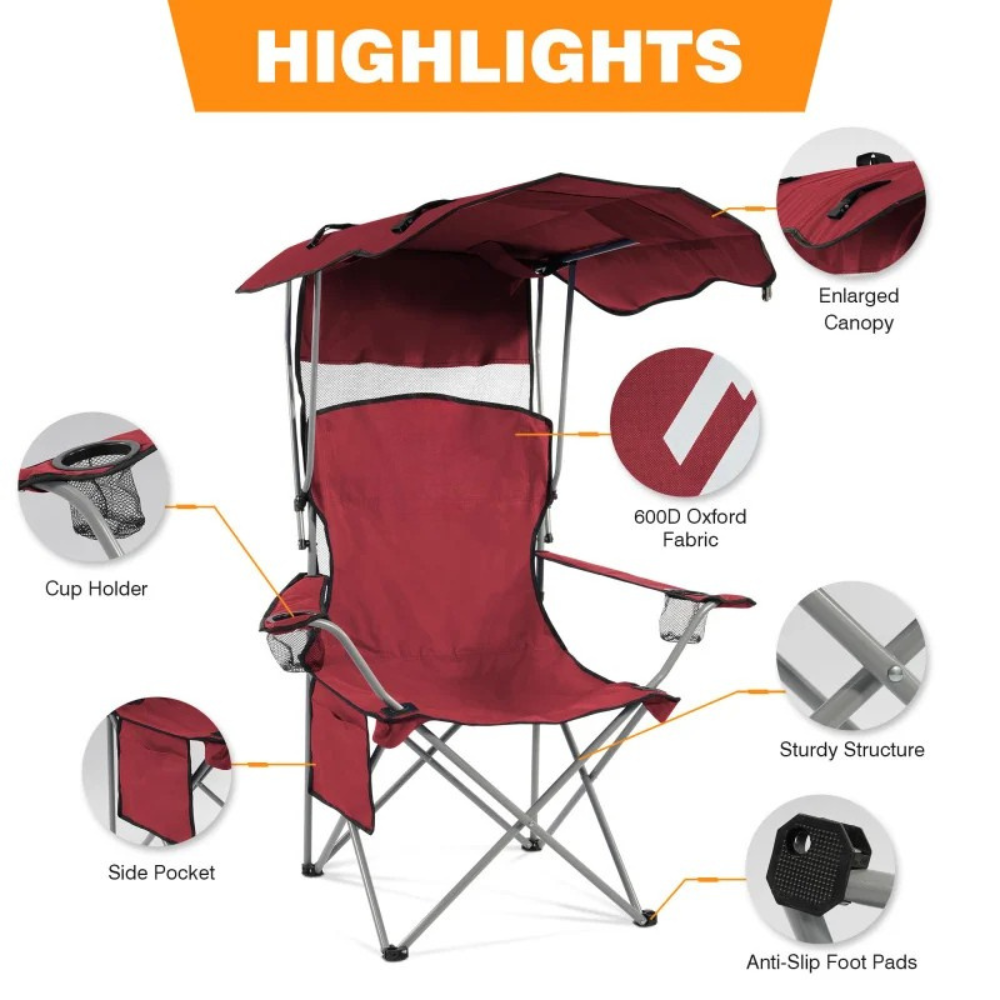 Camping Chair with Adjustable Awning Folding Outdoor Rocking Chair Cup Holder – Red