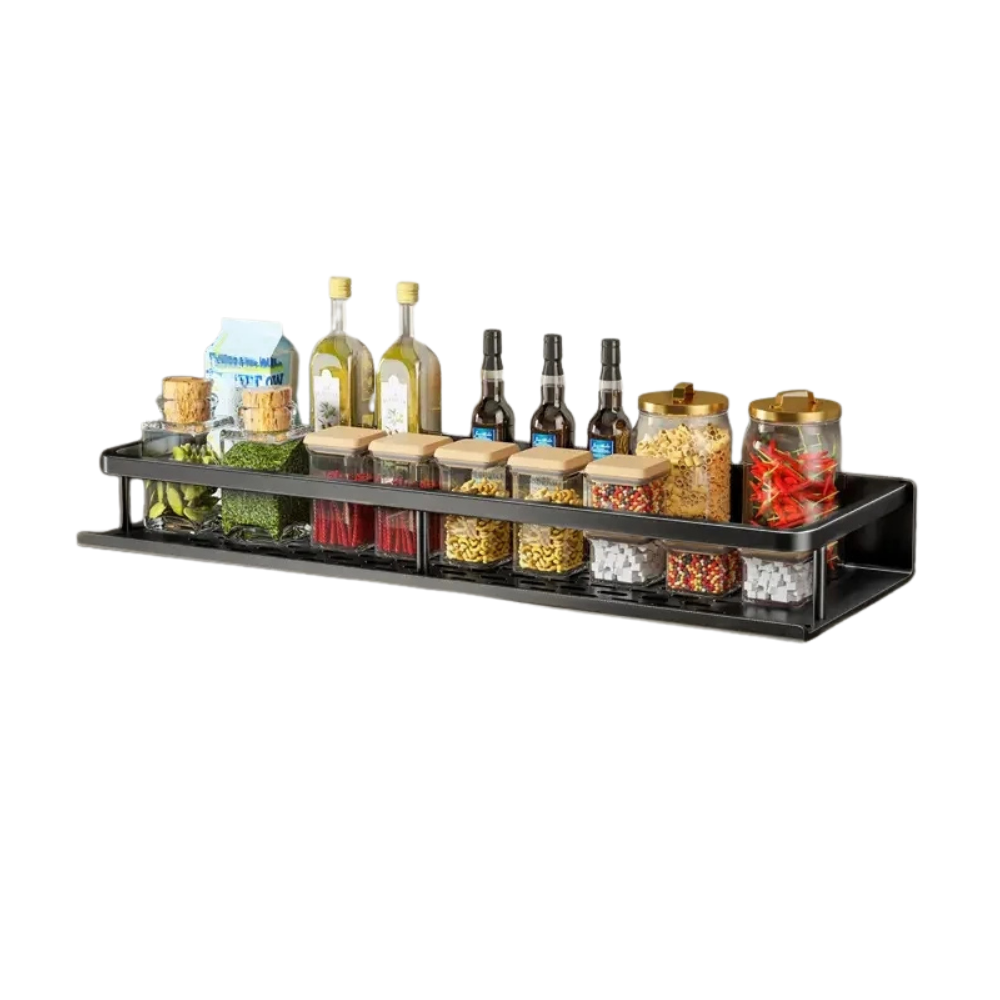 Wall Mounted Aluminum Kitchen Spice Rack with Hook Bar Storage Shelf Organizer – Black 50cm