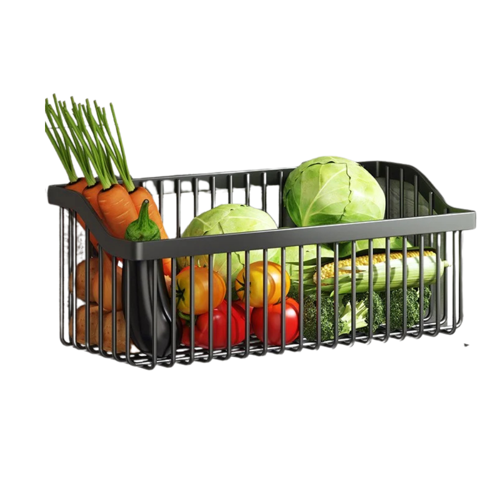 No Drill Wall Mounted Kitchen Storage Rack Metal Spice Organizer Vegetable Basket Shelf – Black