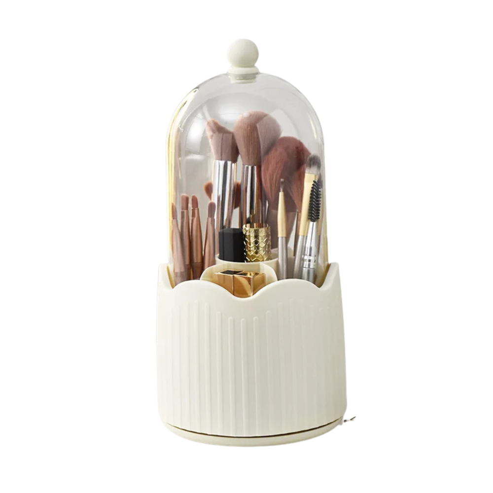 360° Rotating Makeup Brush Holder Cosmetics Organizer with Dustproof Lid and Storage Compartments – Yellow