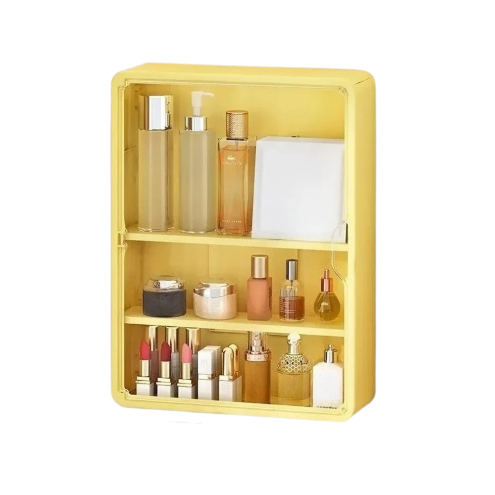 Multi Layer Wall Mounted Bathroom Organizer Cabinet No Drill Cosmetic Storage Display Shelf with Removable Shelves – Yellow