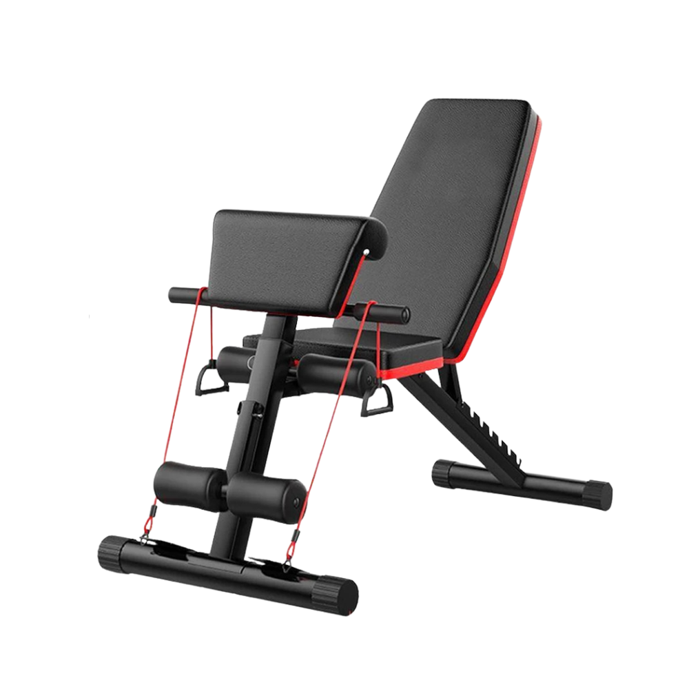 Adjustable Weight Bench Foldable Strength Training Bench with Resistance Bands and Preacher Curl Pad – Black