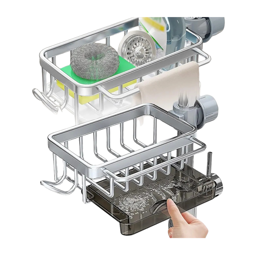Kitchen Sink Faucet Organizer 3-in-1 Sponge Holder Storage Rack with Drain Tray and Towel Bar – Silver