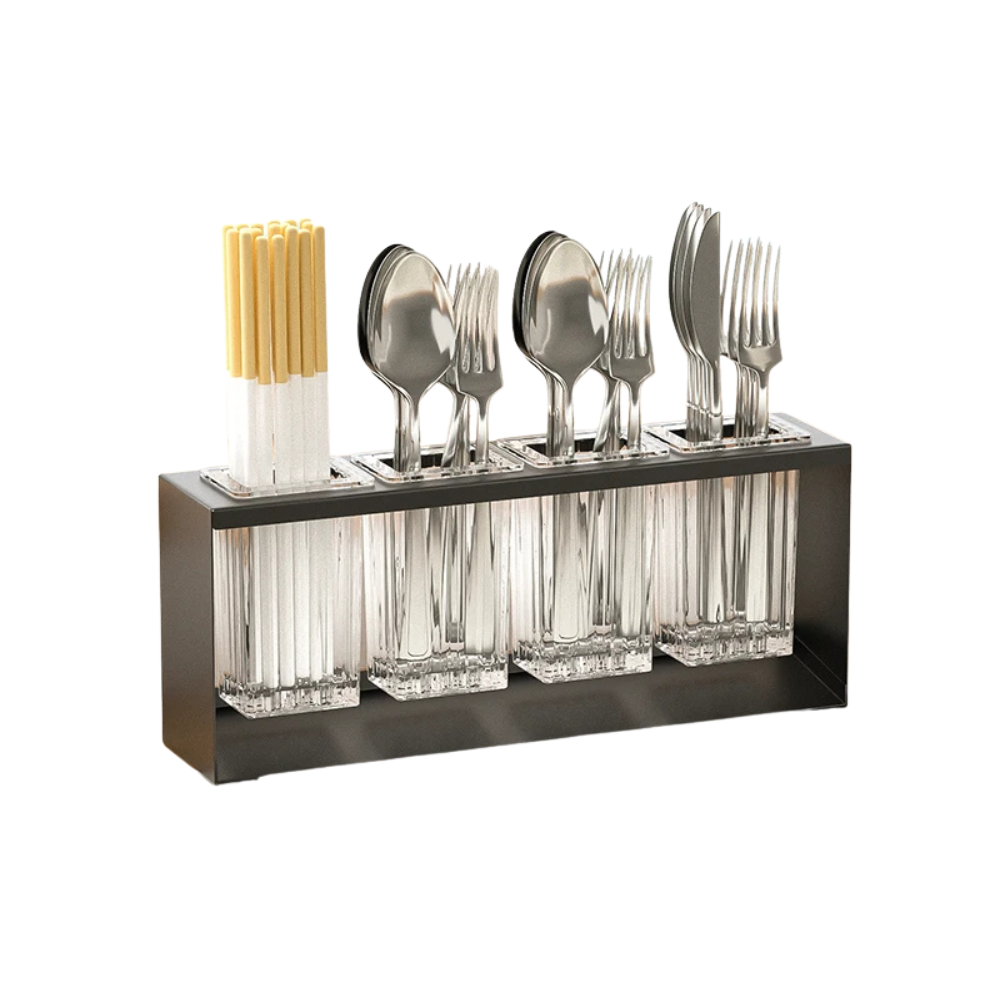 Cutlery Holder 4 Compartment Auto Draining Kitchen Utensil Drying Rack Countertop Organiser – Black