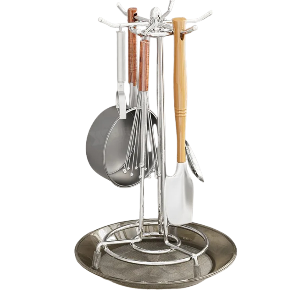 Rotating Kitchen Utensil Holder with Drip Tray 360° Metal Countertop Storage Rack – Chrome