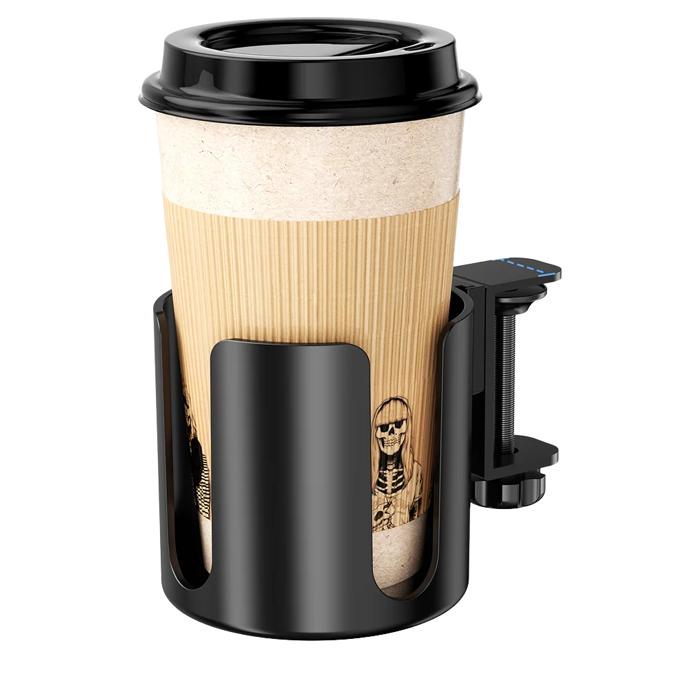 Clamp-On Desk Cup Holder No Drill Drink Cup Organizer for Coffee Mugs and Water Bottles – Black