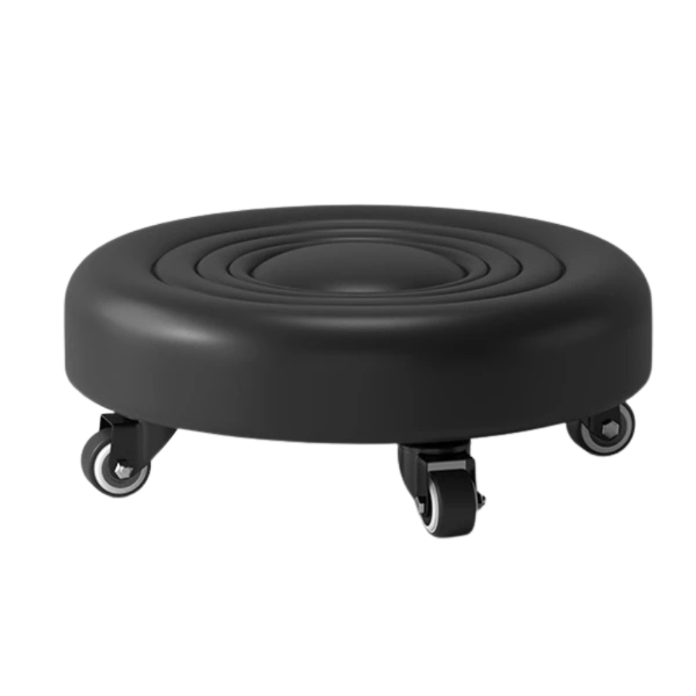 Low Rolling Stool with Universal Wheels PU Leather Cushioned Swivel Seat for Home Garage and Salon – Black