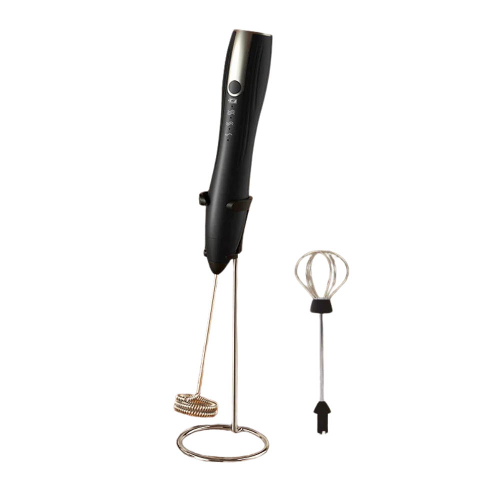 Rechargeable Electric Milk Frother 3 Speed Handheld Whisk with Dual Stainless Steel Heads and Stand – Black