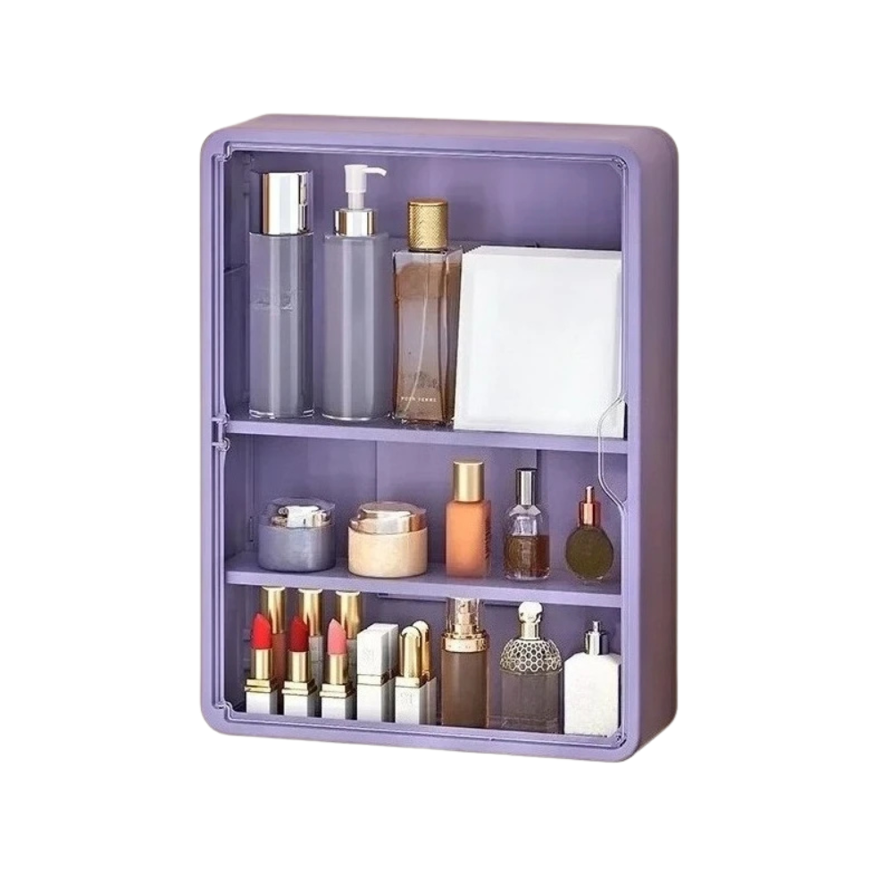 Multi Layer Wall Mounted Bathroom Organizer Cabinet No Drill Cosmetic Storage Display Shelf with Removable Shelves – Purple