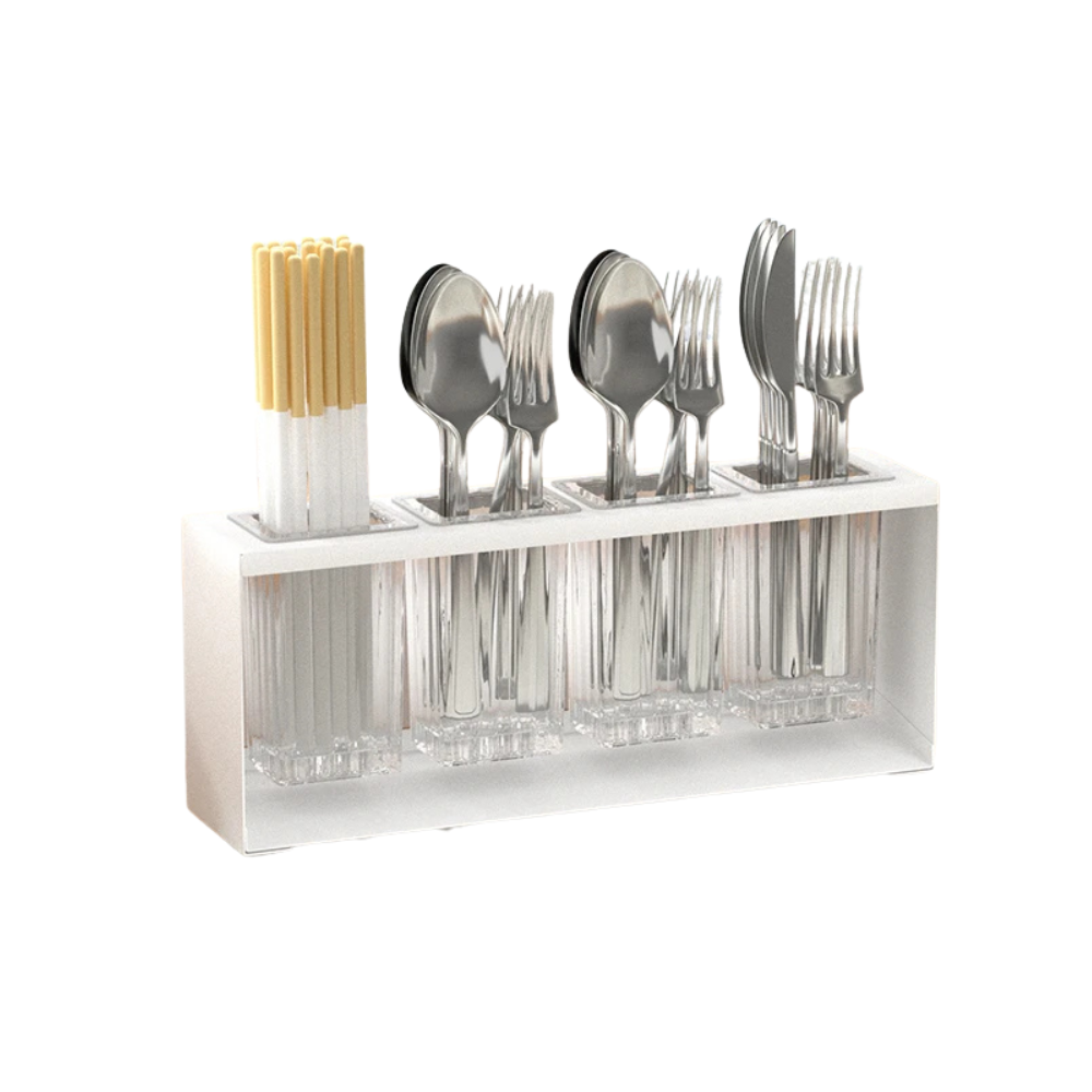 Cutlery Holder 4 Compartment Auto Draining Kitchen Utensil Drying Rack Countertop Organiser – White