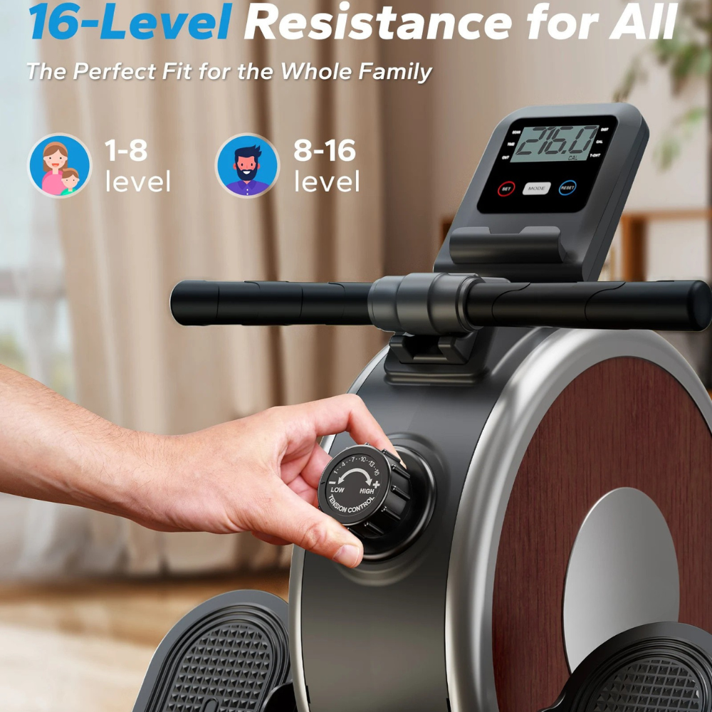 Rowing Machine Magnetic Resistance Rower 16 Levels Dual Rail Bluetooth Fitness Trainer
