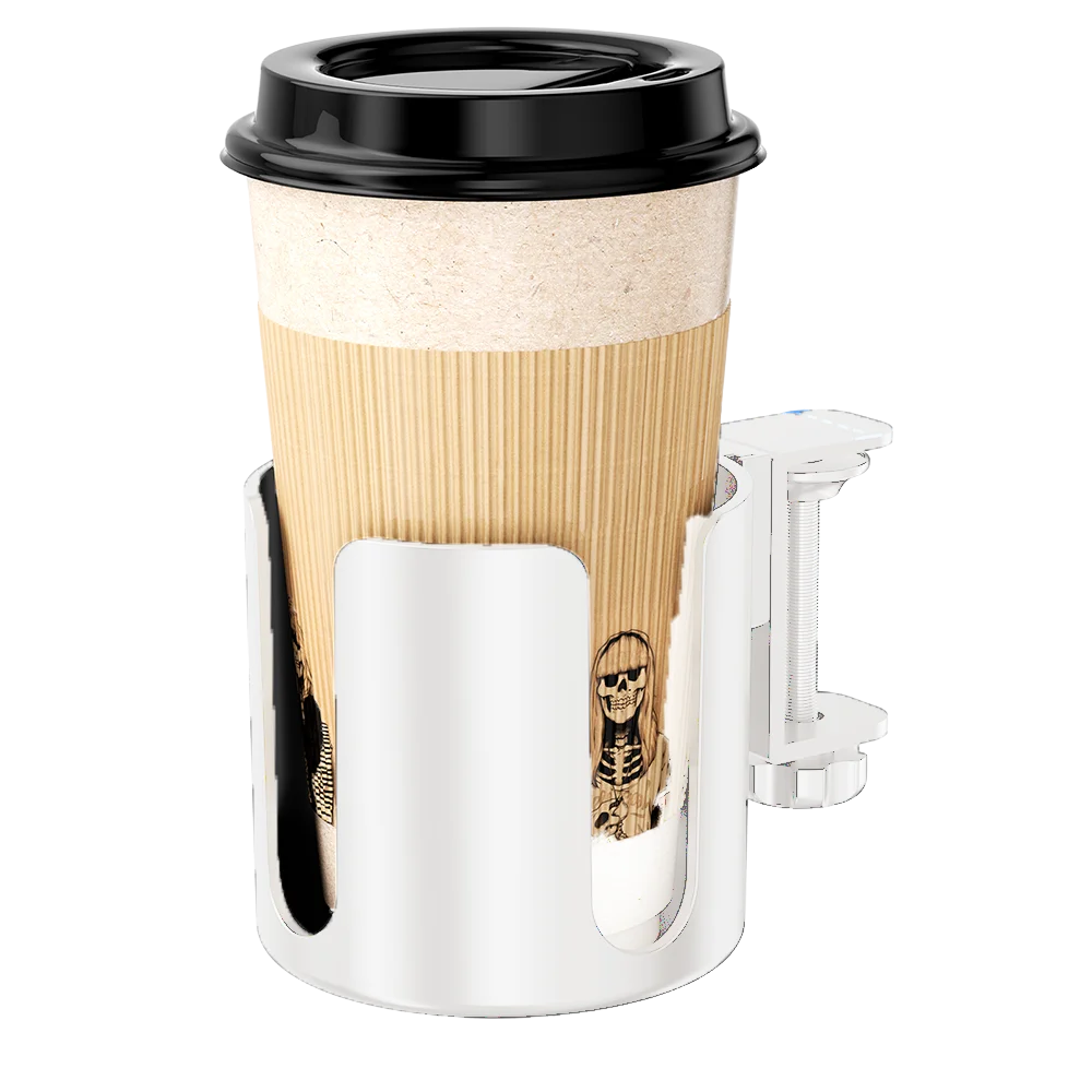 Clamp-On Desk Cup Holder No Drill Drink Cup Organizer for Coffee Mugs and Water Bottles – White