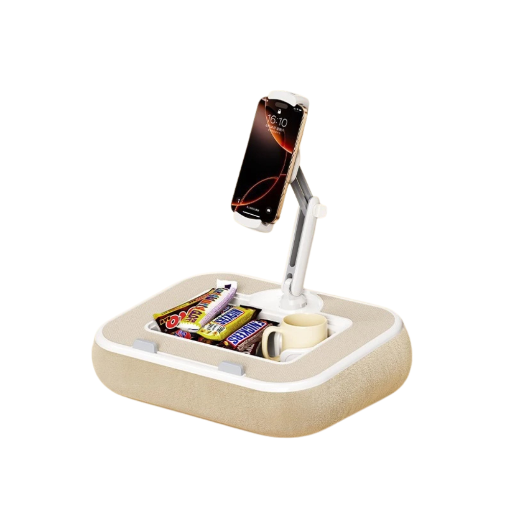 Adjustable Pillow Lap Desk with 360° Rotating Phone Tablet Holder and Storage Tray – Beige