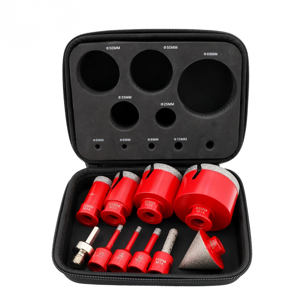 Diamond Drill Bit Set 10 Piece Hole Saw Kit M14 Thread for Tile Granite Marble – Red