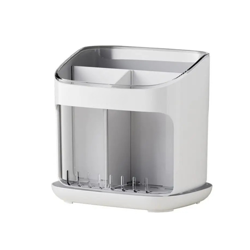Large Capacity Chopstick Holder Cutlery Organizer with Drainage Tray and Detachable Storage Box – White