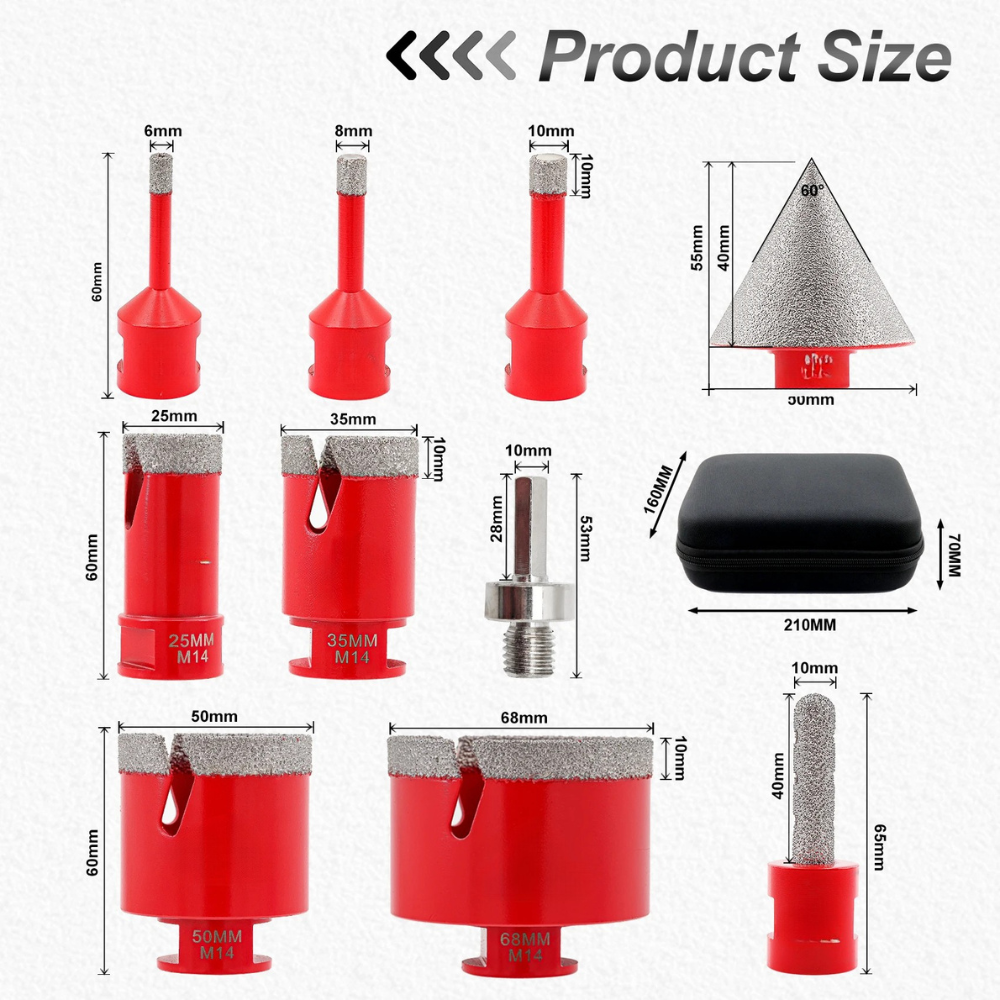 Diamond Drill Bit Set 10 Piece Hole Saw Kit M14 Thread for Tile Granite Marble – Red