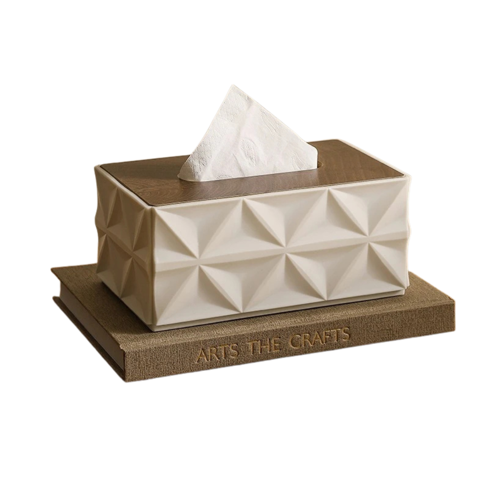Large Capacity Ripple Tissue Box Cover with Wooden Lid Modern Desktop Tissue Holder Home Organizer – White