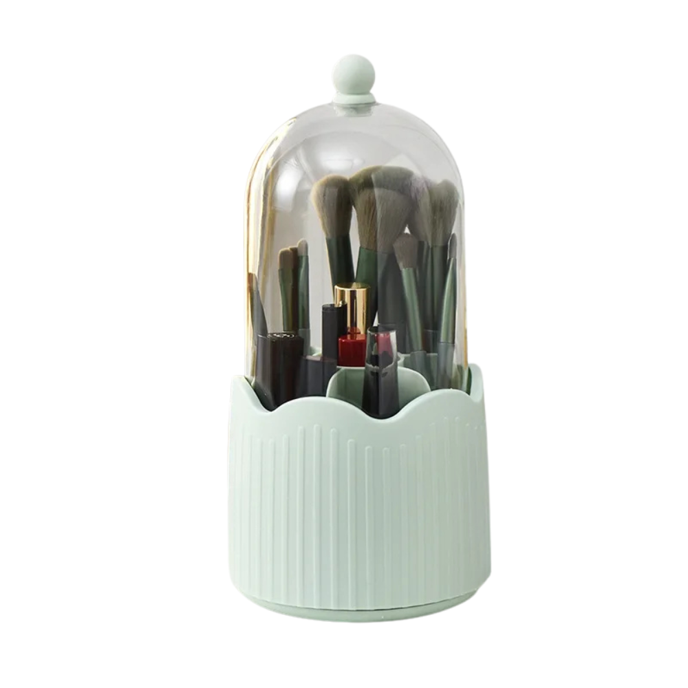 360° Rotating Makeup Brush Holder Cosmetics Organizer with Dustproof Lid and Storage Compartments – Green