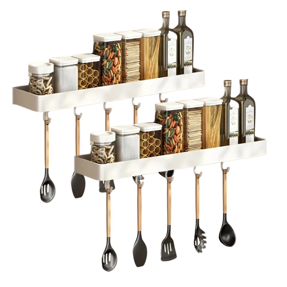 Wall Mounted Aluminum Kitchen Spice Rack with Hooks Storage Shelf Organizer – 40cm