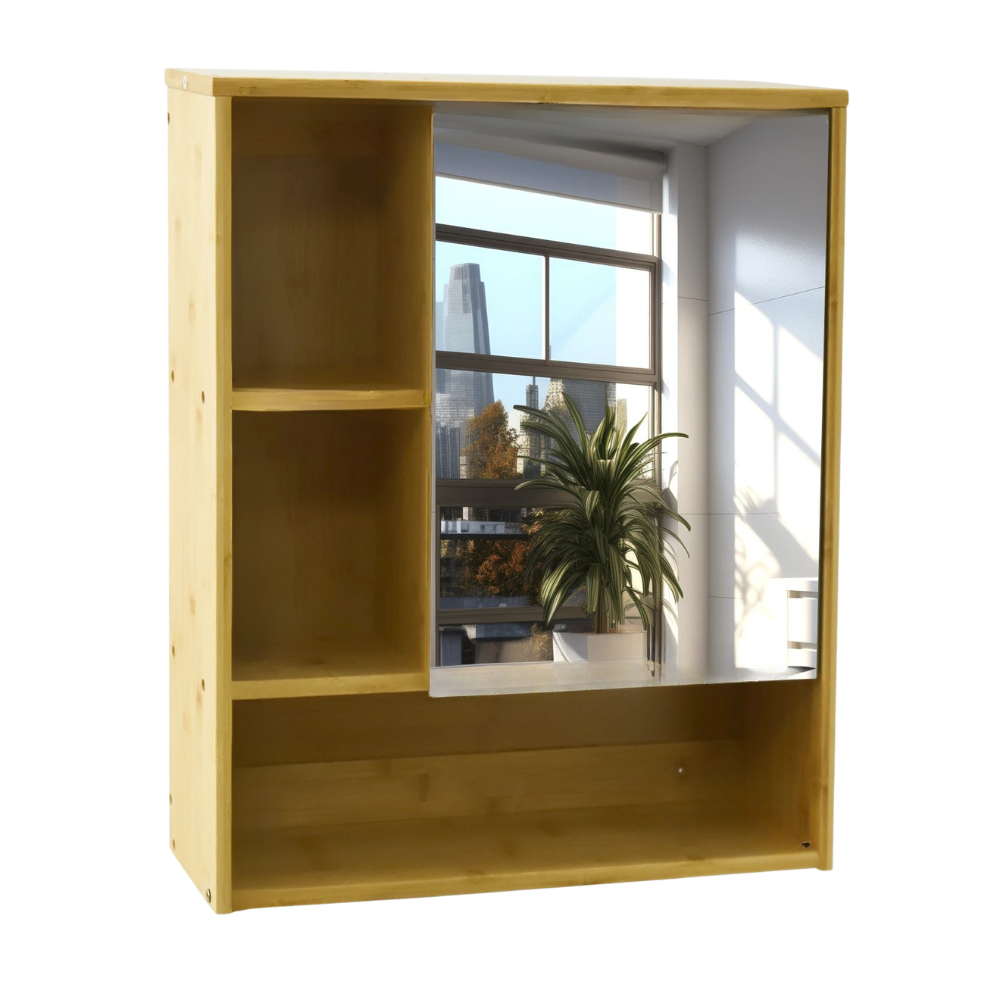 Wall Mounted Bamboo Bathroom Mirror Cabinet with Storage Shelves Medicine Cabinet Organizer – Natural Wood